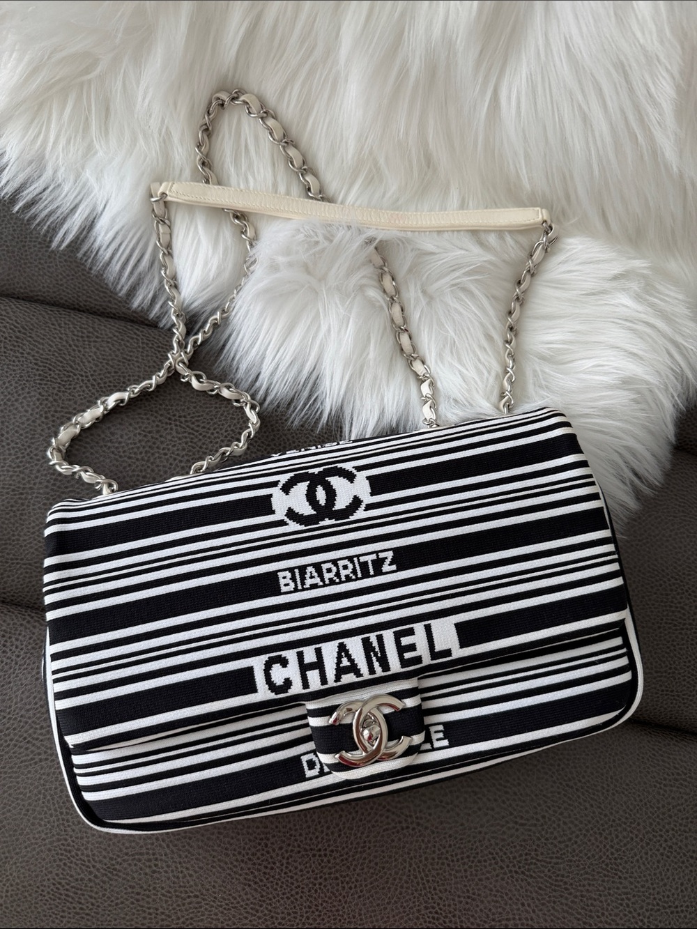 CHANEL Biarritz Black & White Striped Shoulder Bag